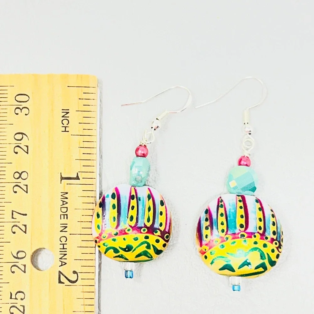 Hand‎ Painted Glass Bead Dangle Earrings Yellow Teal Gold Boho Drop Earrings
